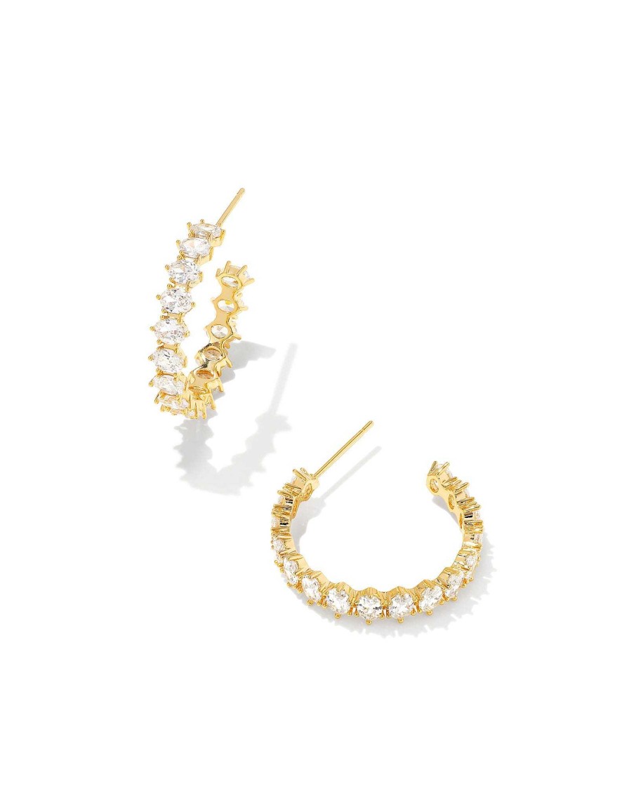 Kendra Scott Earrings | Cailin Gold Crystal Hoop Earrings In White Crystal