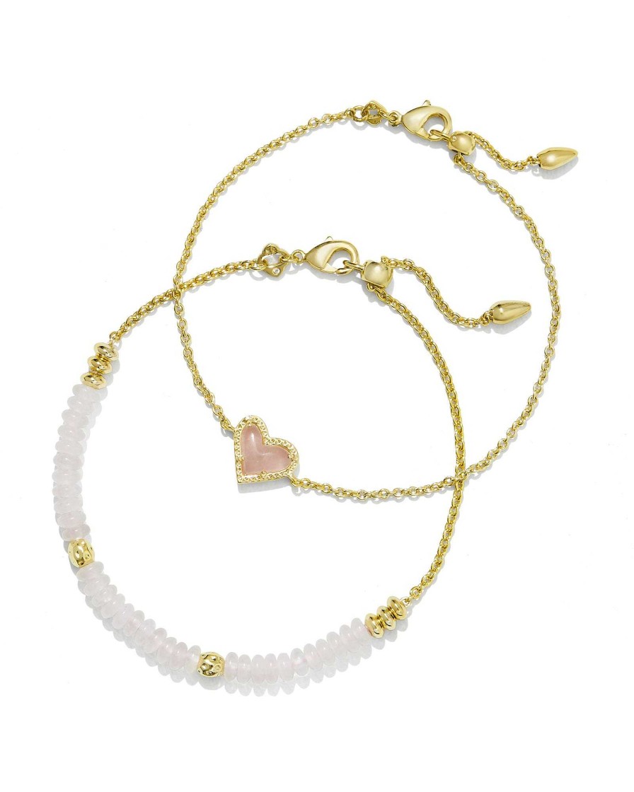 Kendra Scott Bracelets | Ari Heart Gold Delicate Chain Bracelet Set Of 2 In Rose Quartz