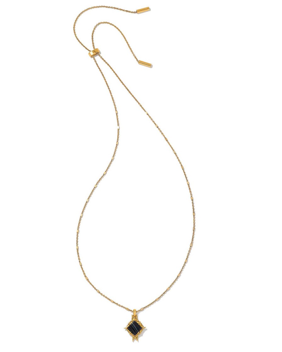 Kendra Scott Necklaces | Cass Vintage Gold Long Pendant Necklace In Black Banded Agate