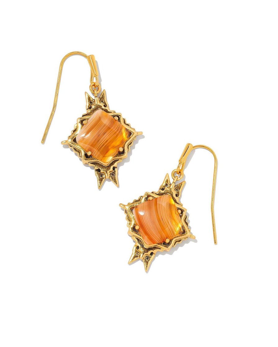 Kendra Scott Earrings | Cass Vintage Gold Drop Earrings In Orange Banded Agate