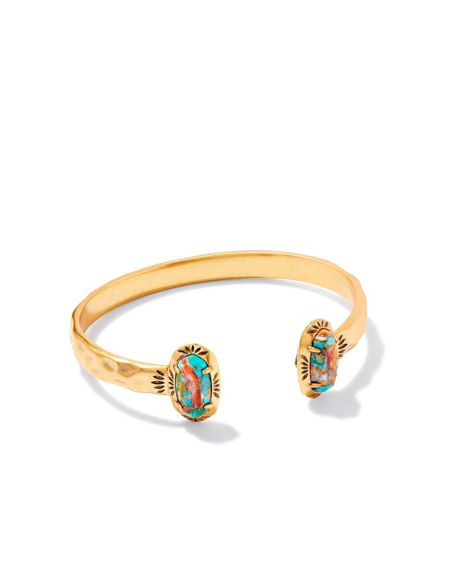 Kendra Scott Bracelets | Elton Vintage Gold Etch Frame Cuff Bracelet In Bronze Veined Turquoise Magnesite Red Oyster