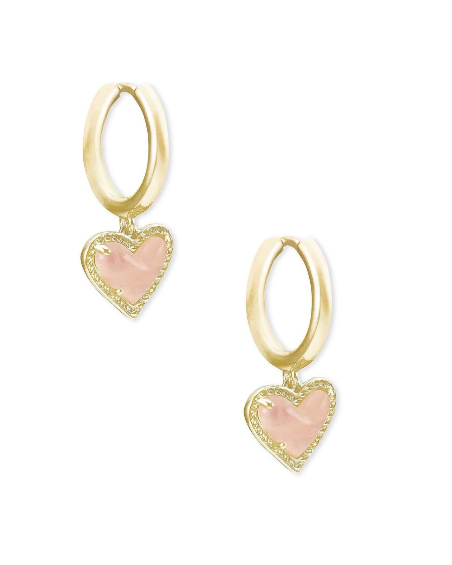 Kendra Scott Earrings | Ari Heart Gold Huggie Earrings In Rose Quartz