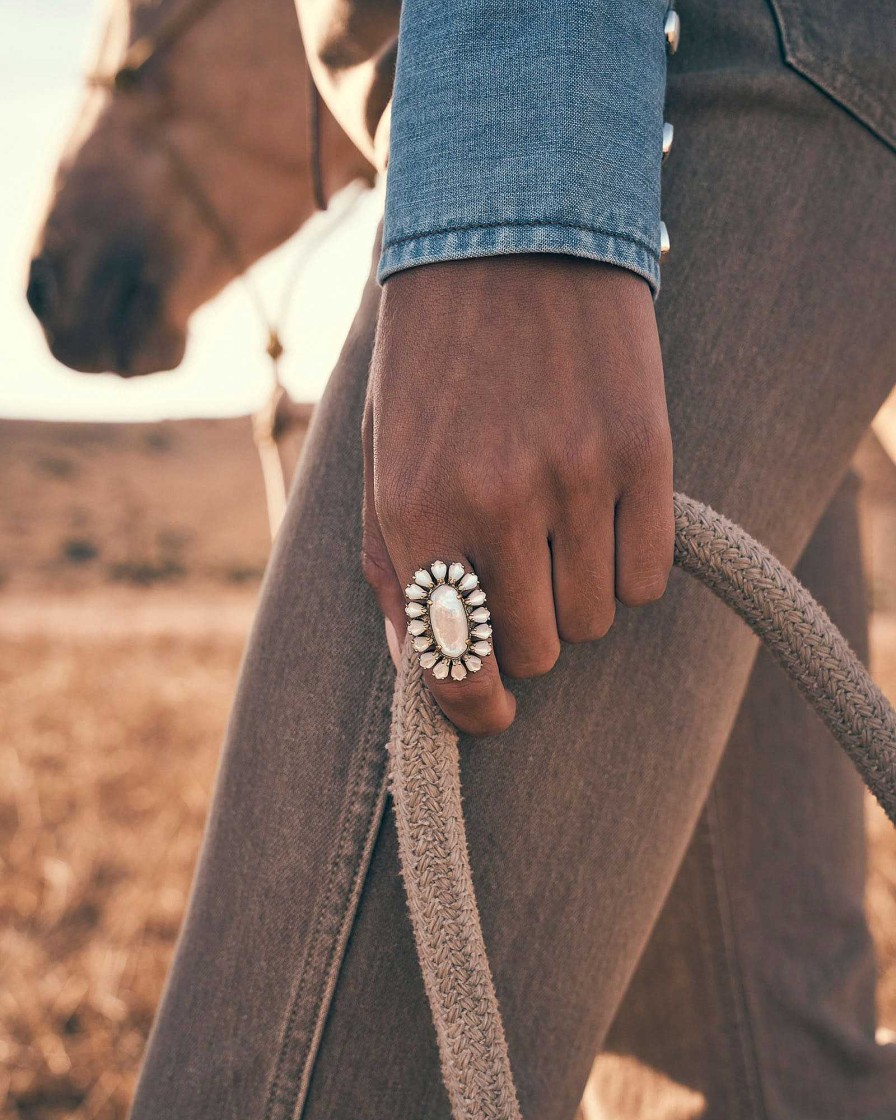 Kendra Scott Rings | Wrangler® X Yellow Rose By Kendra Scott Laurel Vintage Gold Statement Ring In Ivory Mother Of Pearl