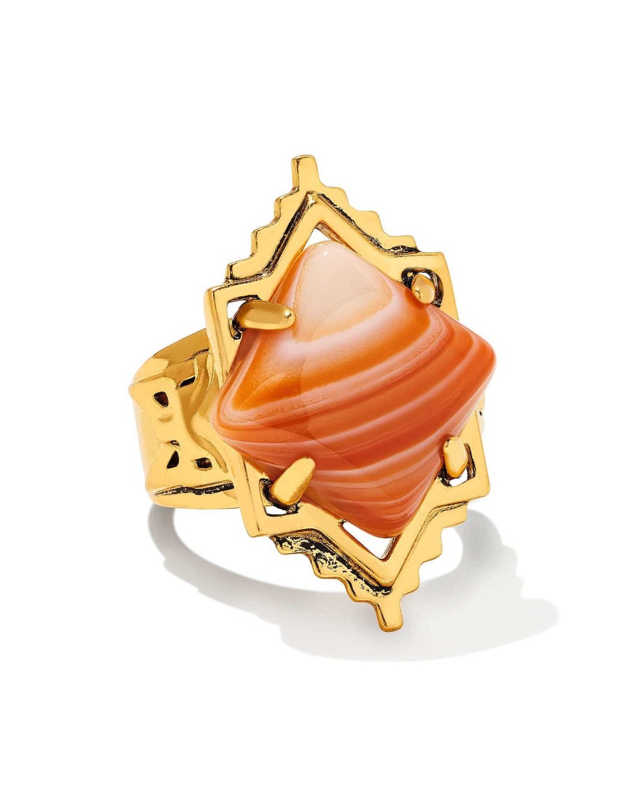 Kendra Scott Rings | Cass Vintage Gold Cocktail Ring In Orange Banded Agate