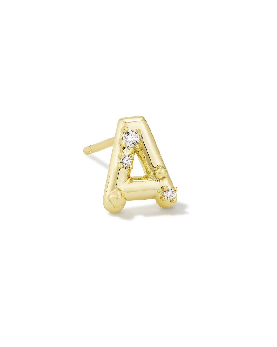 Kendra Scott Earrings | Crystal Letter A Gold Single Stud Earring In White Crystal