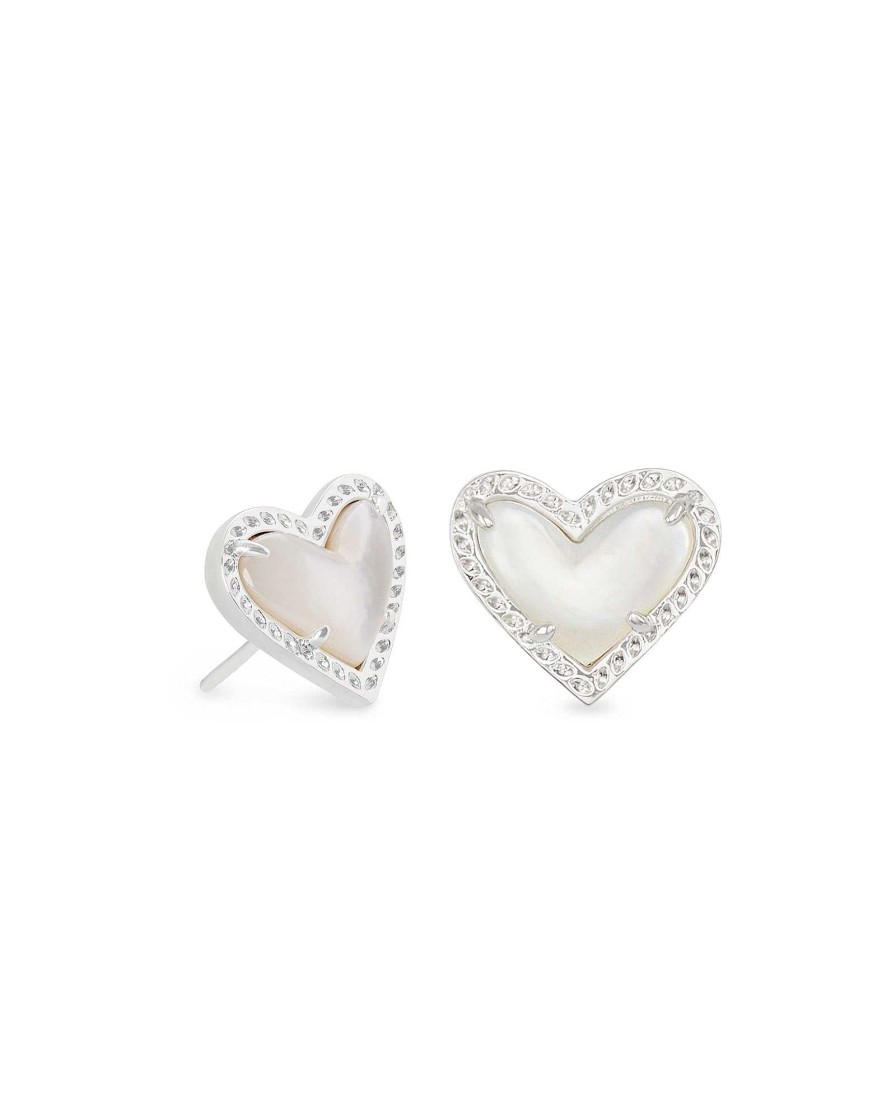 Kendra Scott Earrings | Ari Heart Silver Stud Earrings In Ivory Mother-Of-Pearl