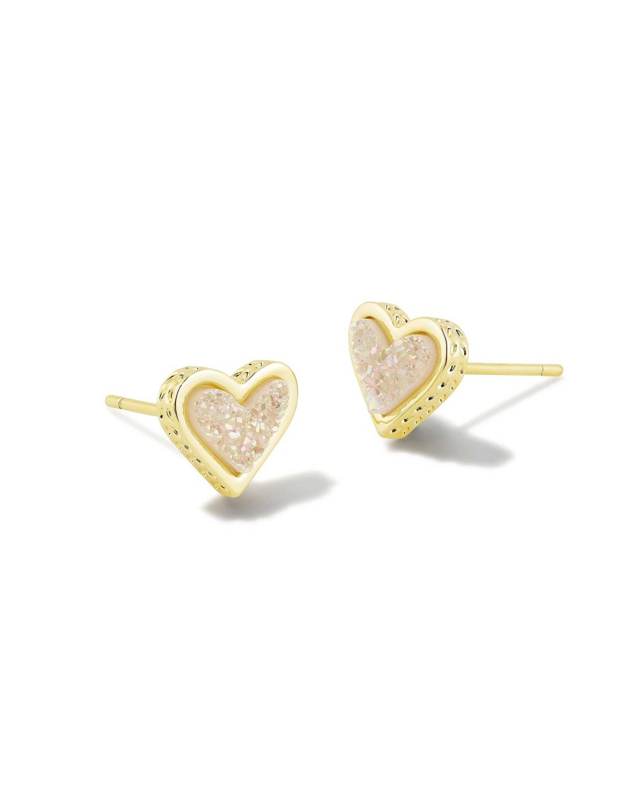 Kendra Scott Earrings | Framed Ari Heart Gold Stud Earrings In Iridescent Drusy