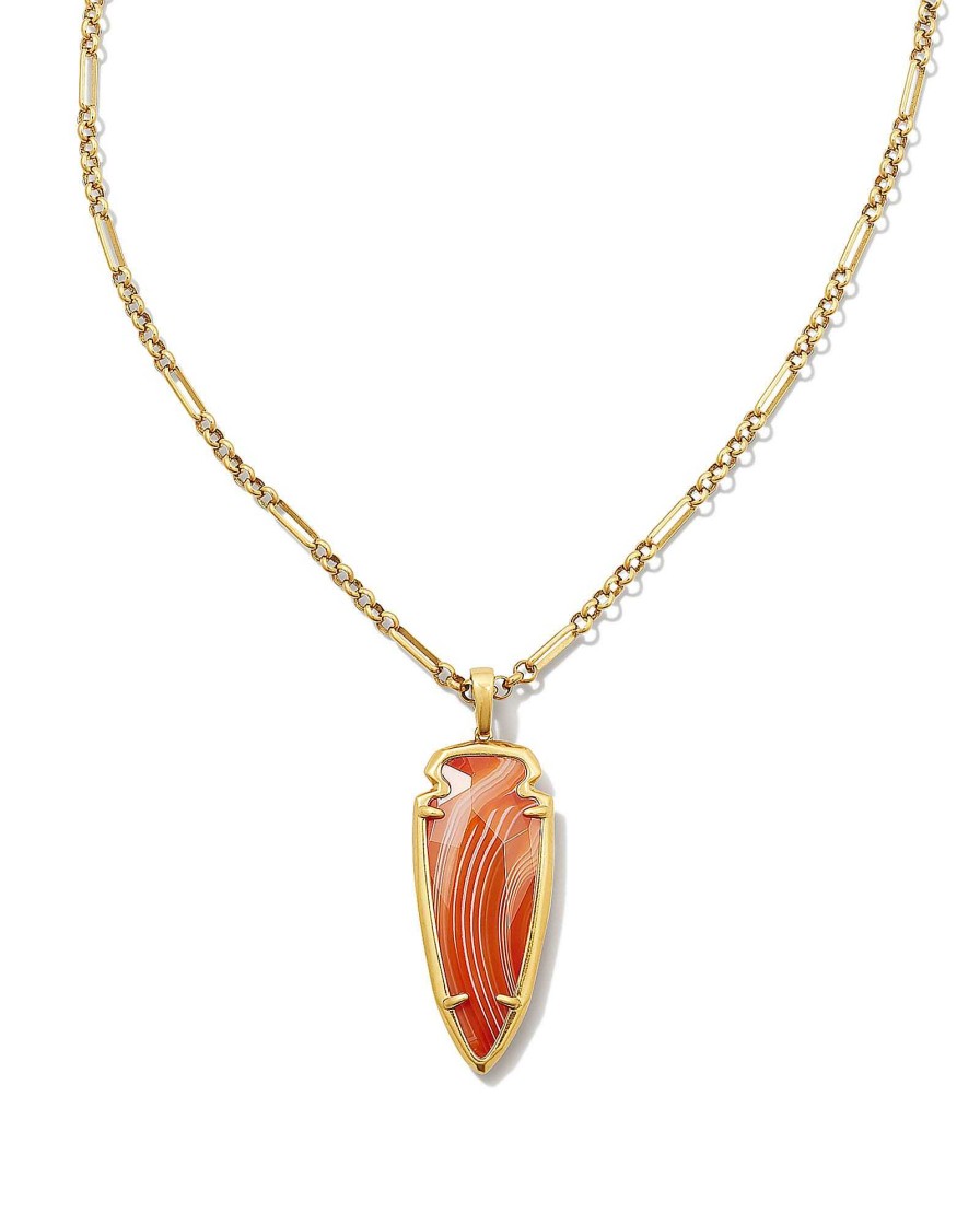 Kendra Scott Necklaces | Skylar Vintage Gold Small Long Pendant In Orange Banded Agate