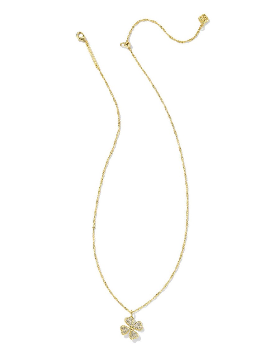 Kendra Scott Necklaces | Clover Gold Crystal Short Pendant Necklace In White Crystal