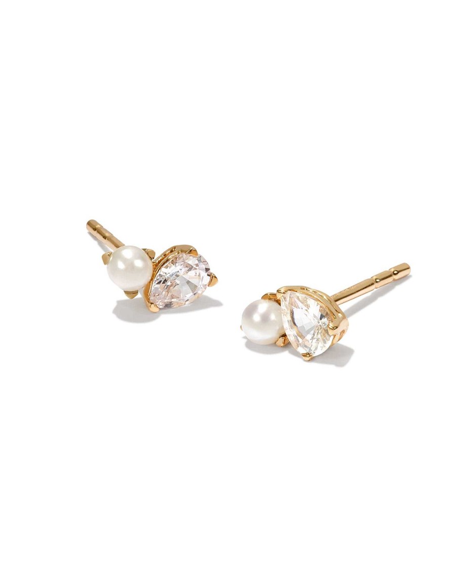 Kendra Scott Earrings | Toi Et Moi 14K Yellow Gold Stud Earrings In White Sapphire And White Pearl