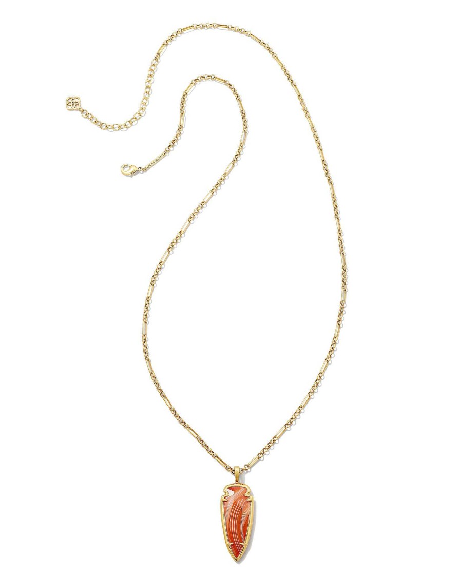 Kendra Scott Necklaces | Skylar Vintage Gold Small Long Pendant In Orange Banded Agate