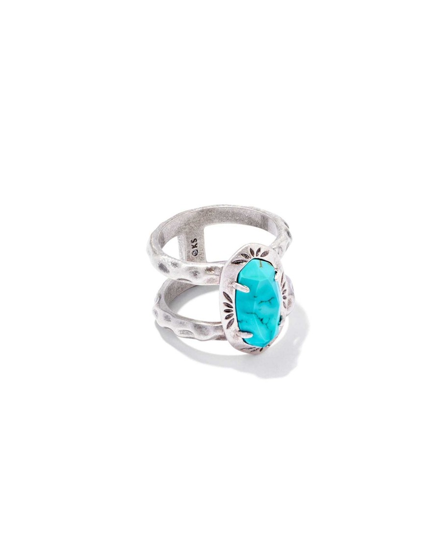 Kendra Scott Rings | Elyse Vintage Silver Etch Frame Band Ring In Variegated Turquoise Magnesite