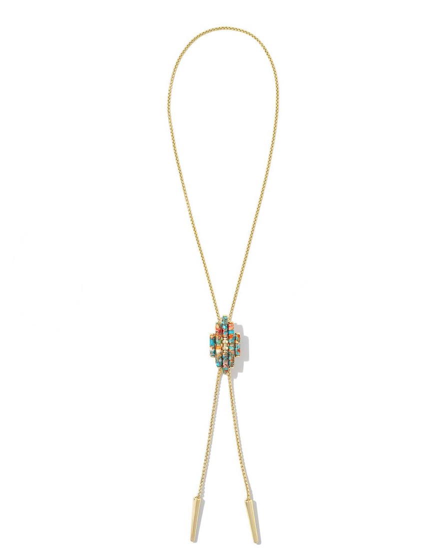 Kendra Scott Men'S | Ember Gold Bolo Necklace In Bronze Veined Turquoise Magnesite Red Oyster