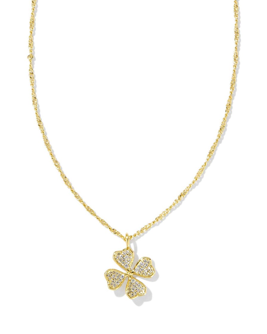 Kendra Scott Necklaces | Clover Gold Crystal Short Pendant Necklace In White Crystal