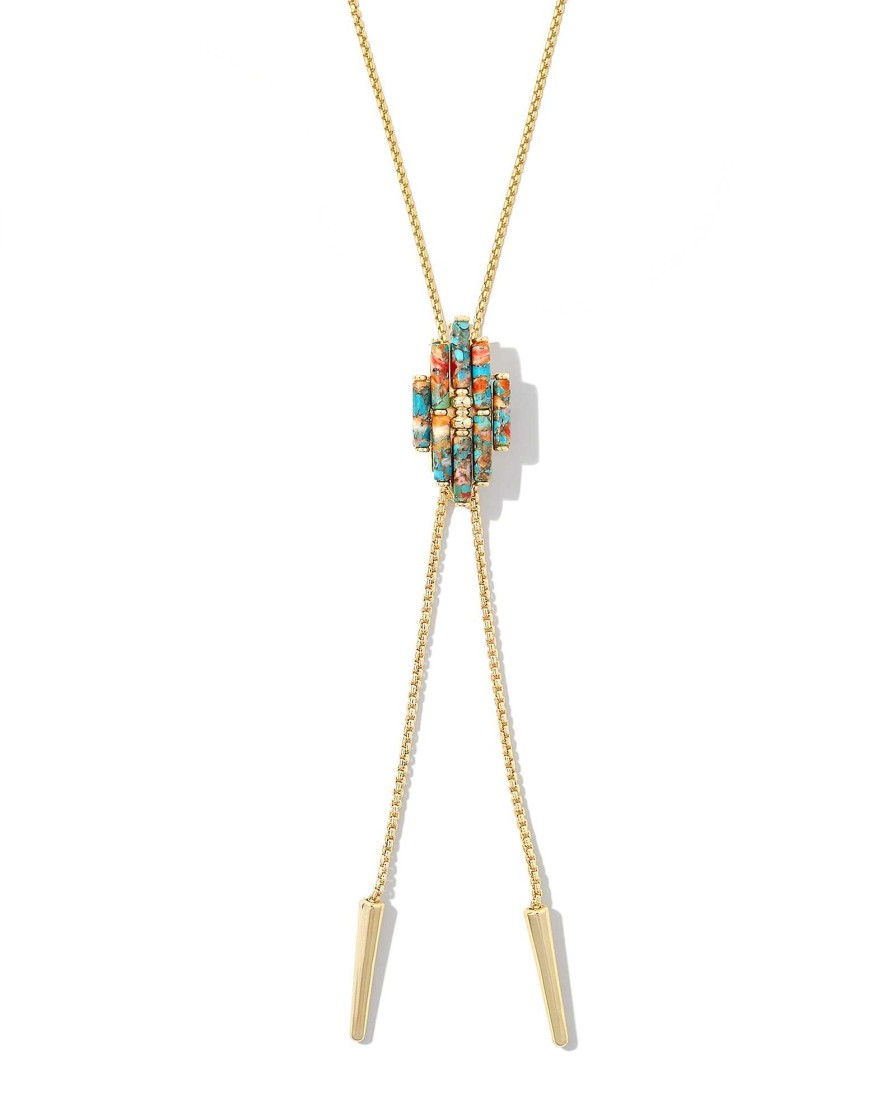 Kendra Scott Men'S | Ember Gold Bolo Necklace In Bronze Veined Turquoise Magnesite Red Oyster