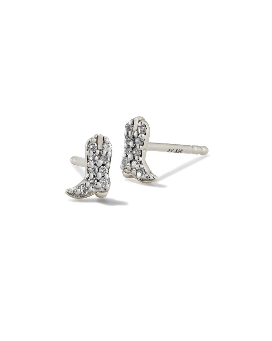 Kendra Scott Earrings | Tiny Cowboy Boot 14K White Gold Stud Earrings In White Diamond