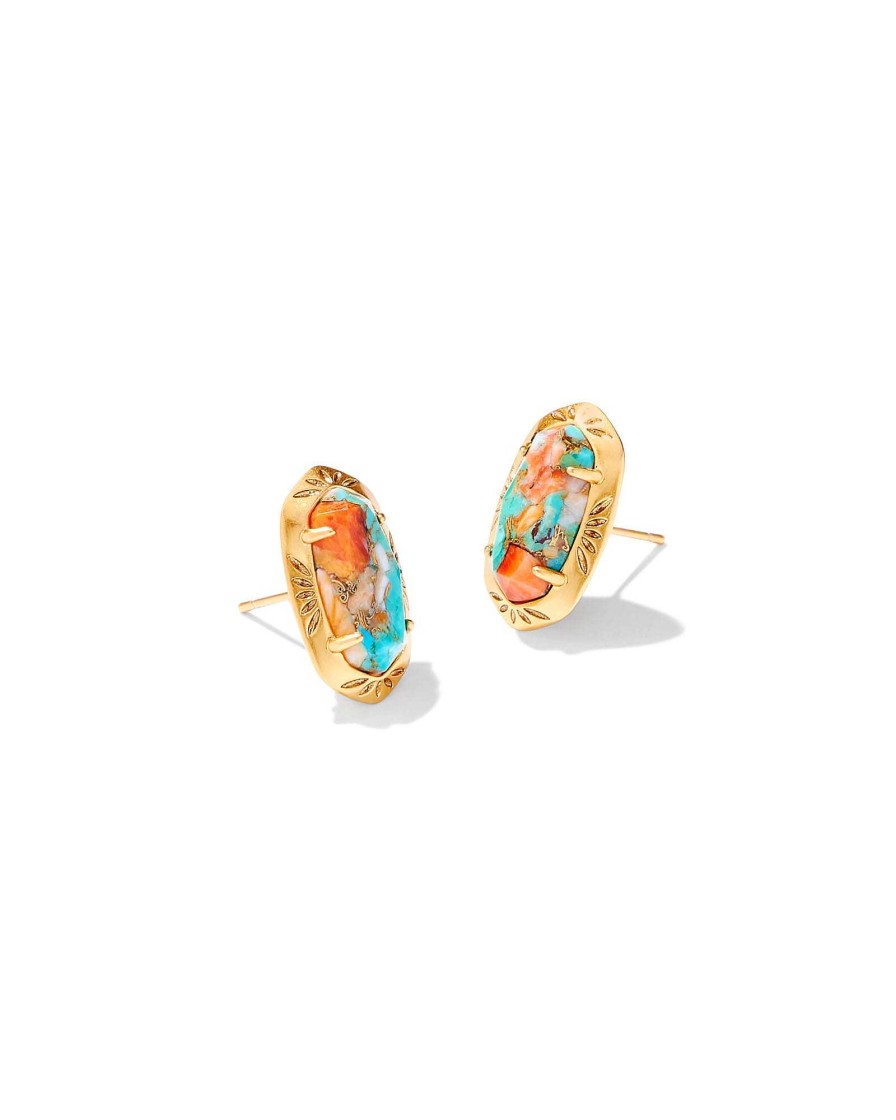 Kendra Scott Earrings | Ellie Vintage Gold Etch Frame Stud Earrings In Bronze Veined Turquoise Magnesite Red Oyster