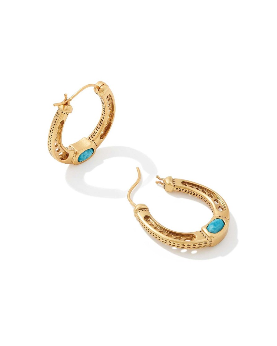 Kendra Scott Earrings | Noble Vintage Gold Horseshoe Hoop Earrings In Variegated Dark Teal Magnesite