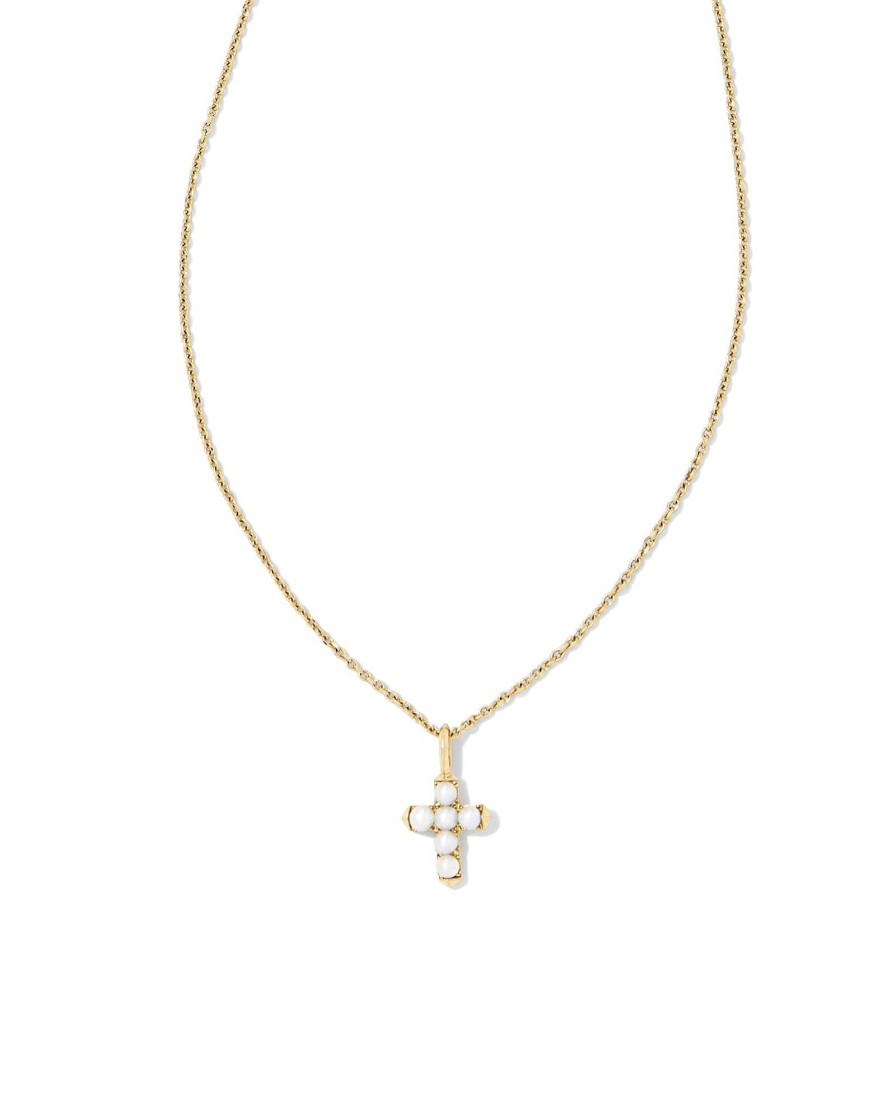 Kendra Scott Necklaces | Pearl 14K Yellow Gold Cross Pendant Necklace In White Pearl