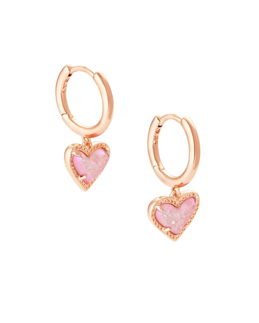 Kendra Scott Earrings | Ari Heart Rose Gold Huggie Earrings In Light Pink Drusy