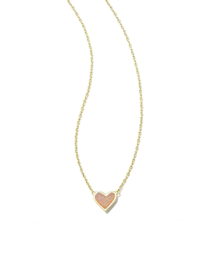 Kendra Scott Necklaces | Framed Ari Heart Gold Short Pendant Necklace In Light Pink Drusy